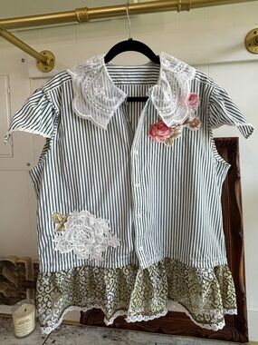 Upcycled Striped Shirt Blouse Lace Rose Cottagecore Boho Shabby Chic Art Cotton